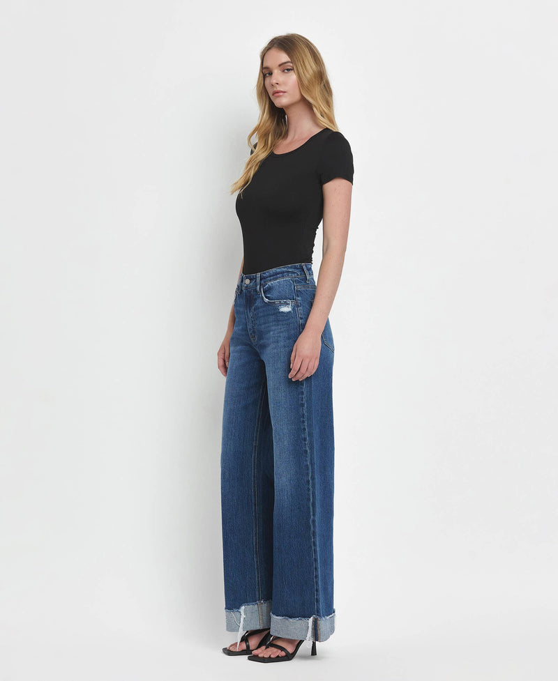 SUPER HIGH RISE CUFFED BAGGY WIDE JEANS- By Flying Monkey