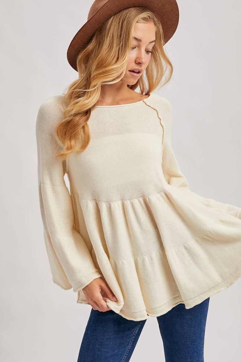 Sweater Stitched Baby Doll Bell Sleeves Top