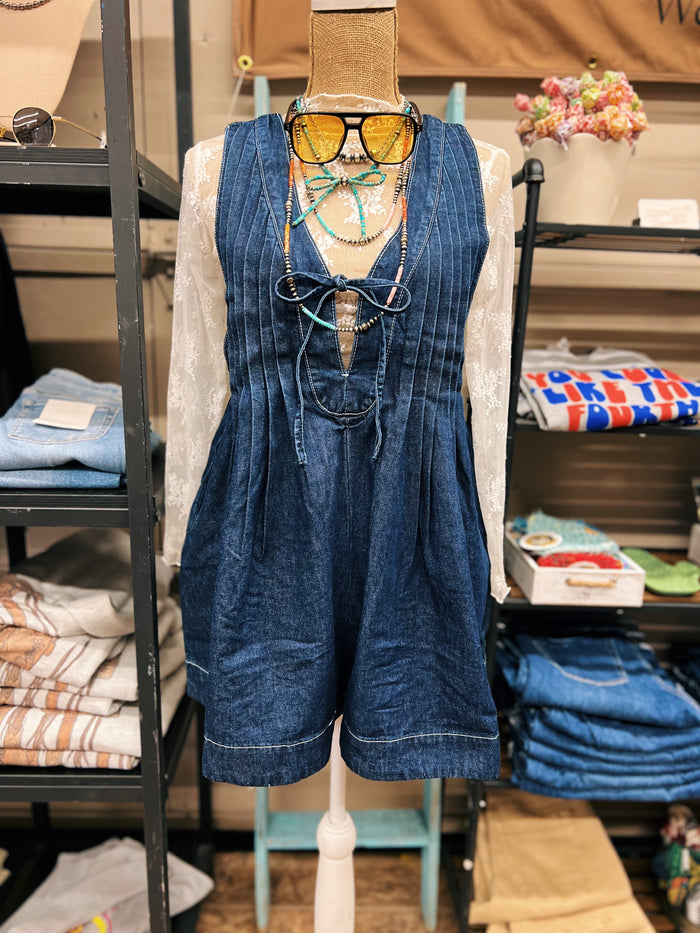 Front Pleated V Neck Sleeveless Denim Romper: Dark Wash