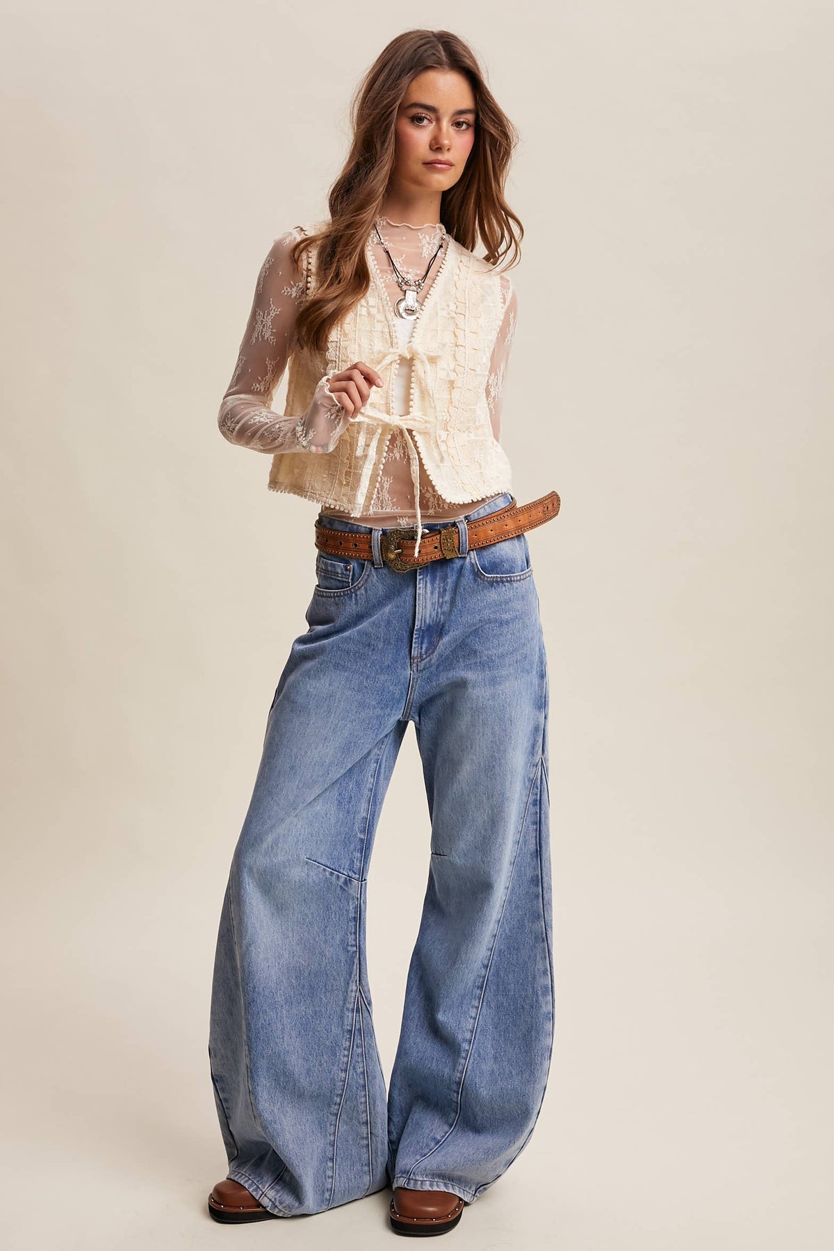 Embroidered Lace Tie-Front Vest