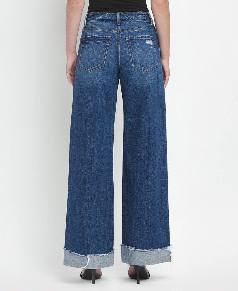 SUPER HIGH RISE CUFFED BAGGY WIDE JEANS- By Flying Monkey