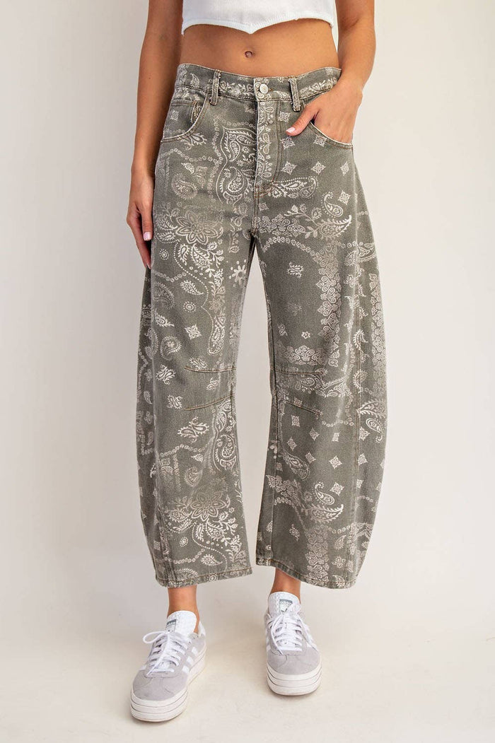 Mineral Washed Paisley Barrel Jeans