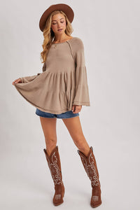 Sweater Stitched Baby Doll Bell Sleeves Top