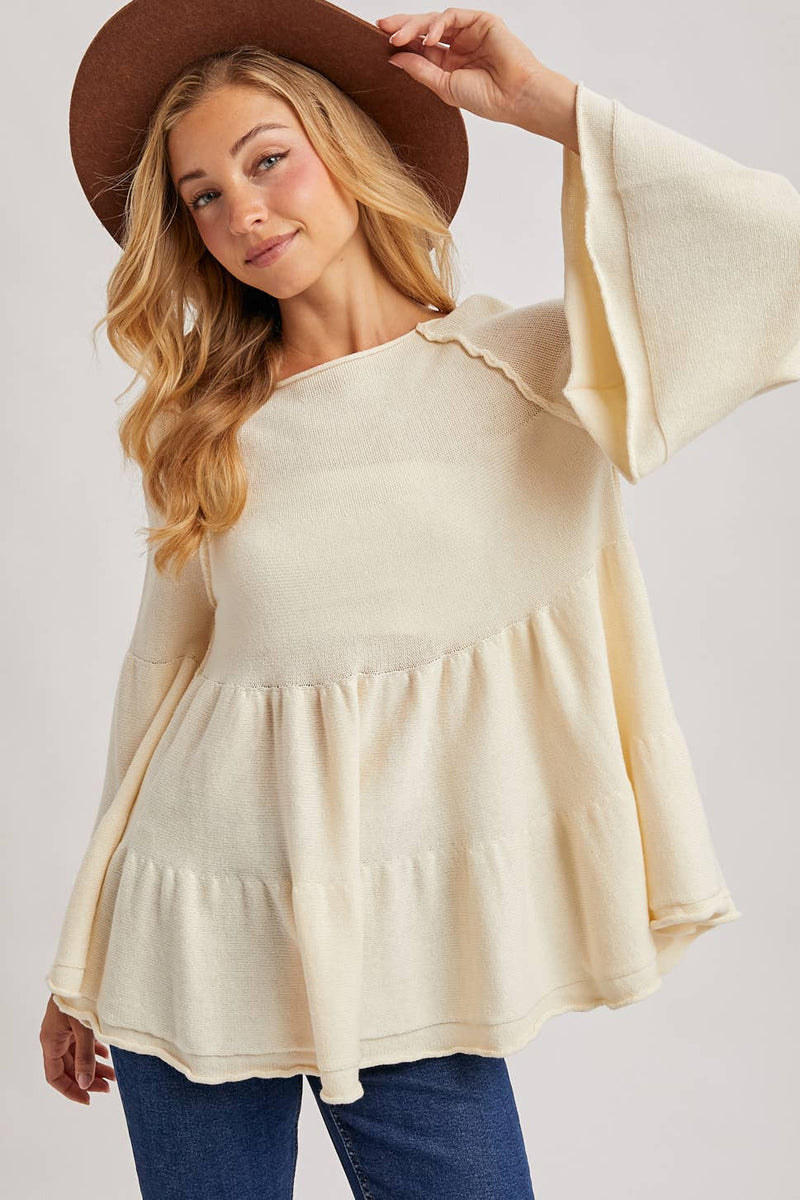 Sweater Stitched Baby Doll Bell Sleeves Top