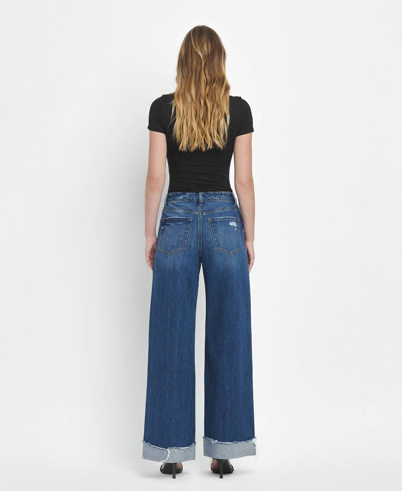 SUPER HIGH RISE CUFFED BAGGY WIDE JEANS- By Flying Monkey