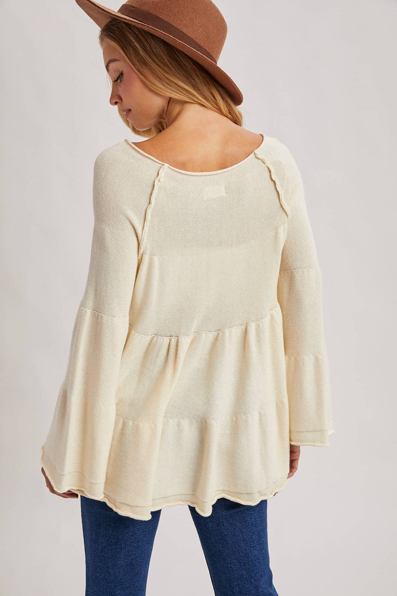 Sweater Stitched Baby Doll Bell Sleeves Top