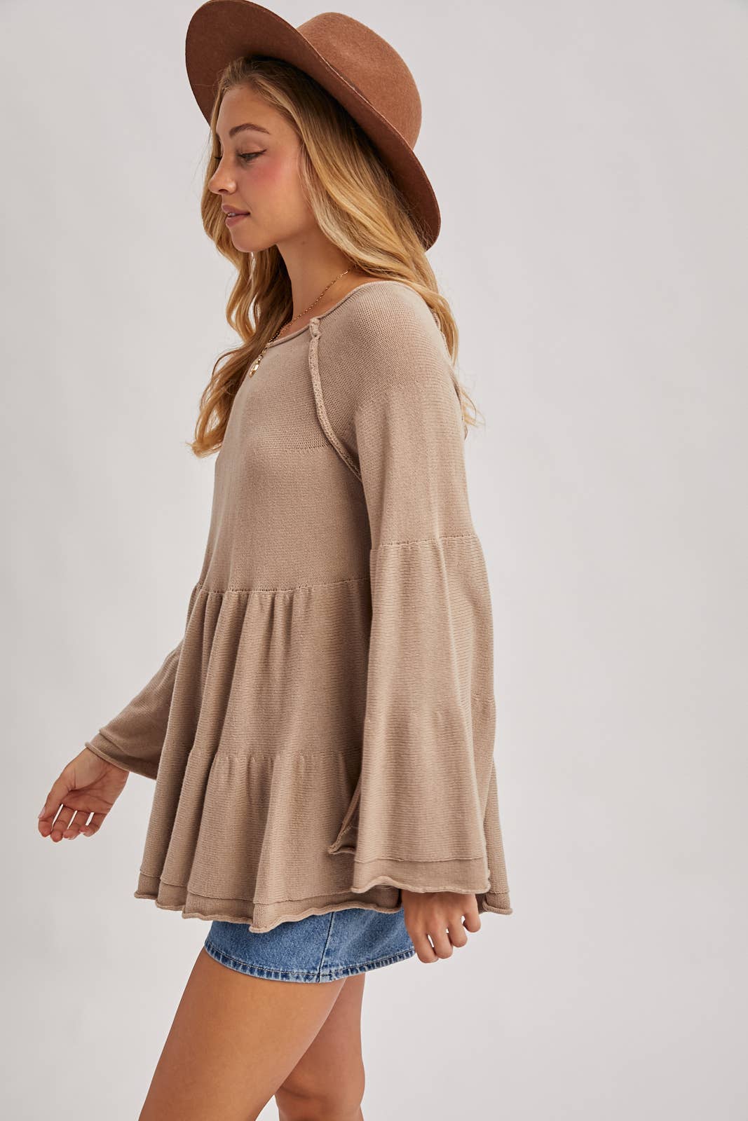 Sweater Stitched Baby Doll Bell Sleeves Top