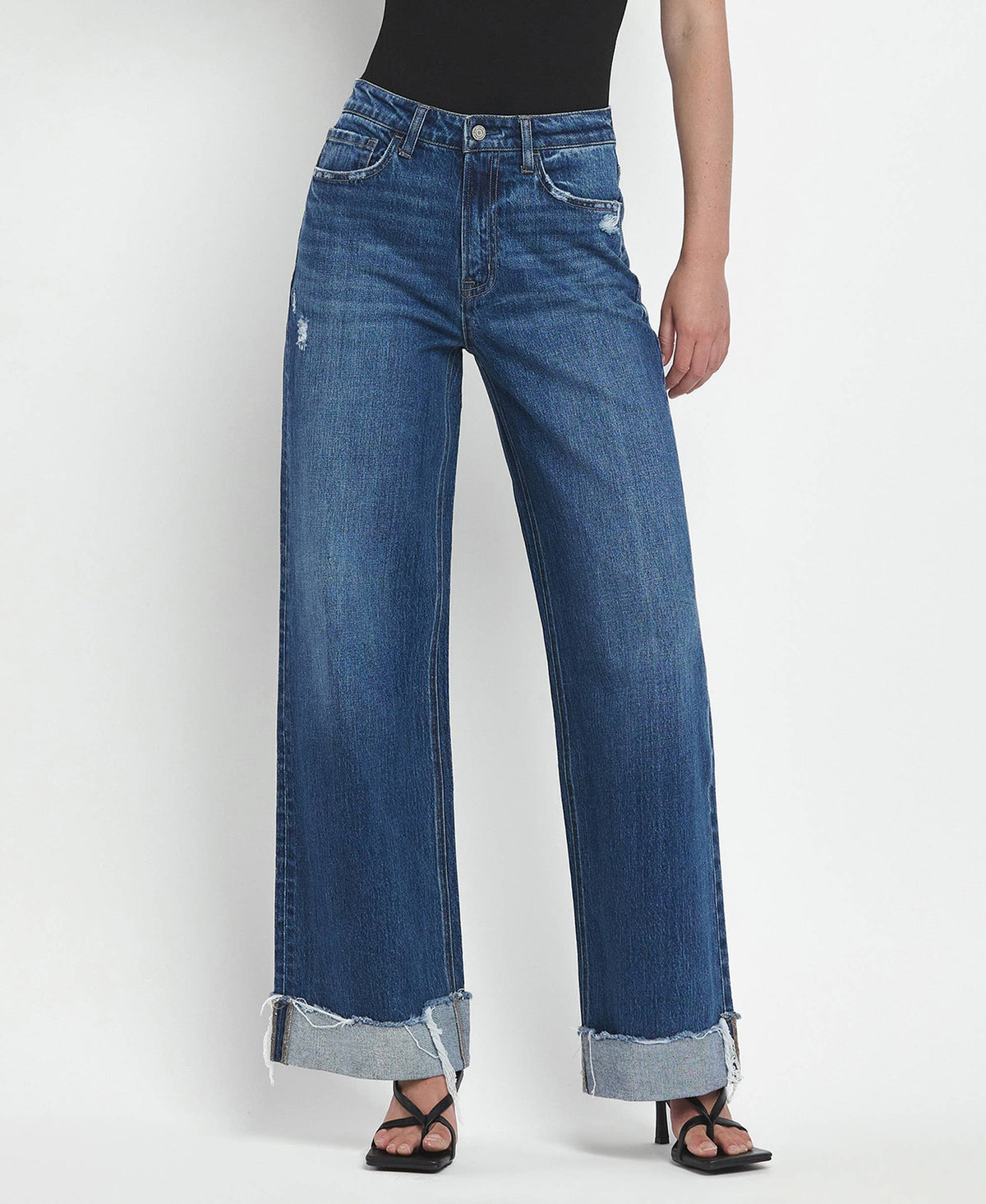 SUPER HIGH RISE CUFFED BAGGY WIDE JEANS- By Flying Monkey