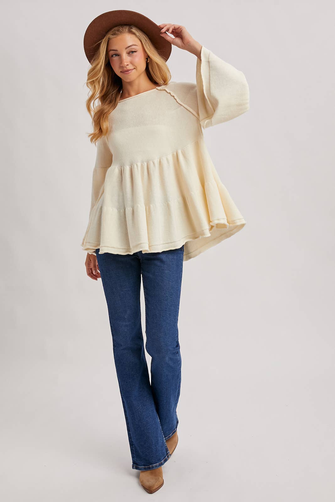 Sweater Stitched Baby Doll Bell Sleeves Top