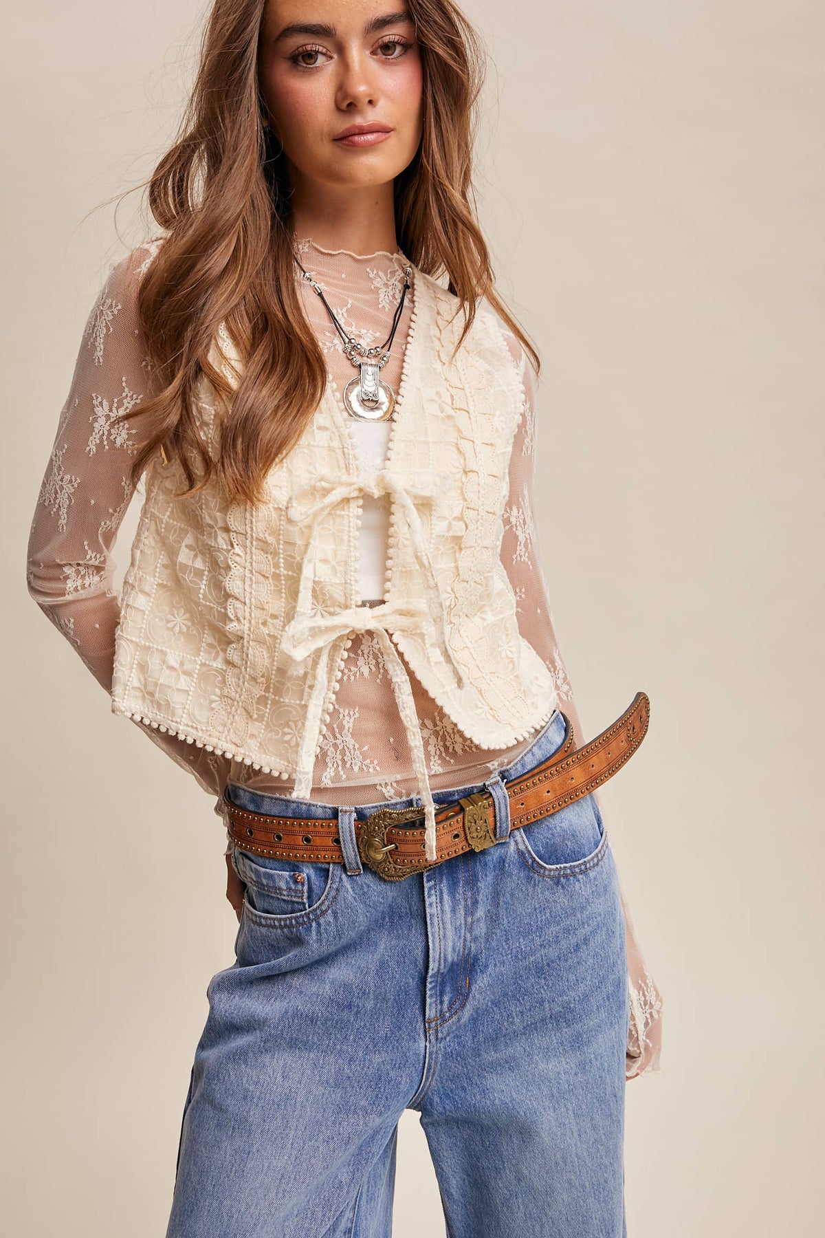 Embroidered Lace Tie-Front Vest