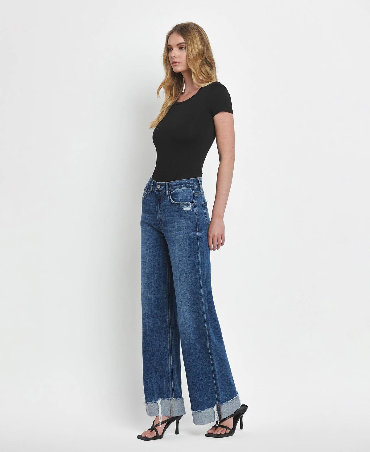 SUPER HIGH RISE CUFFED BAGGY WIDE JEANS- By Flying Monkey