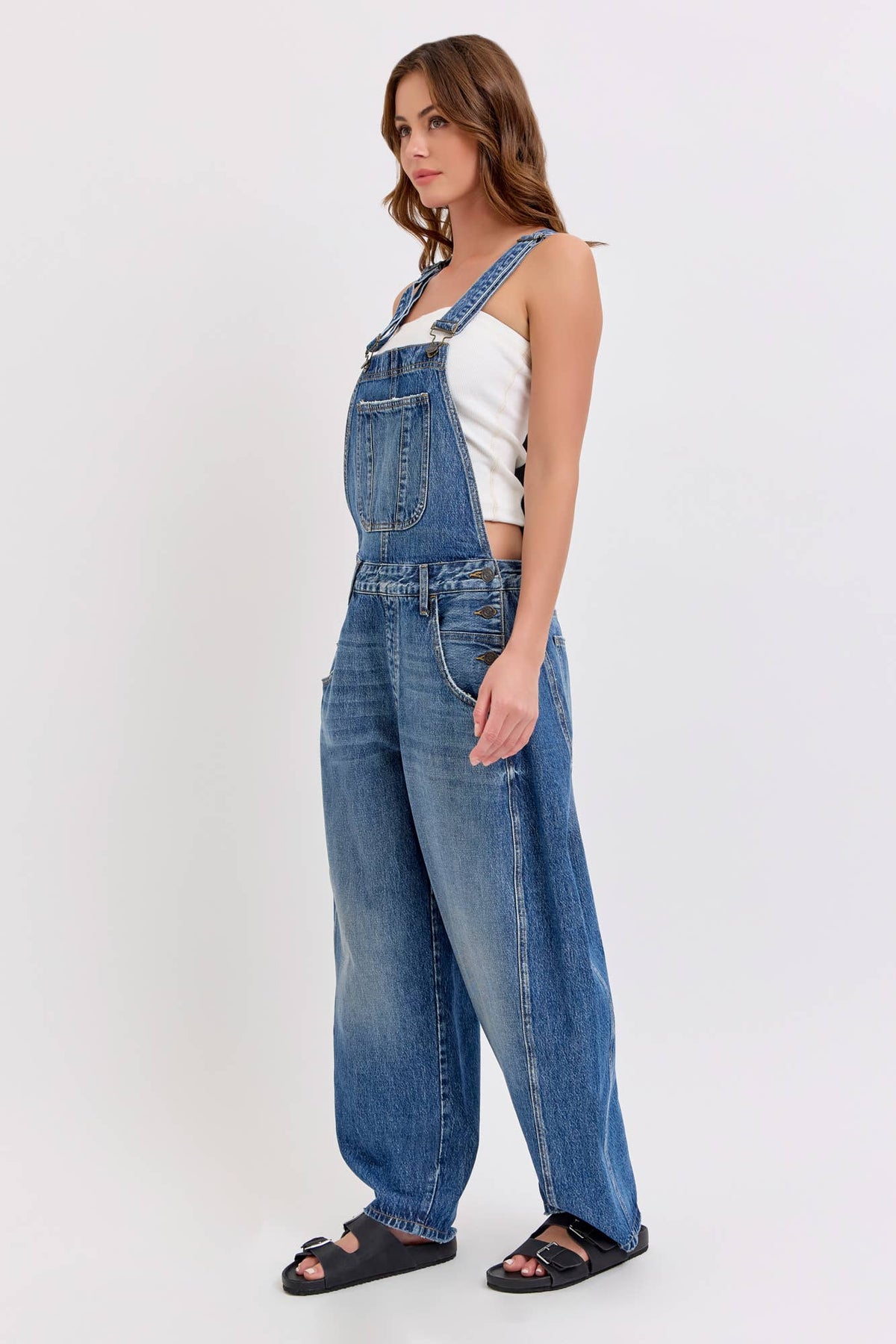 The Medium Wash Barrel Overalls