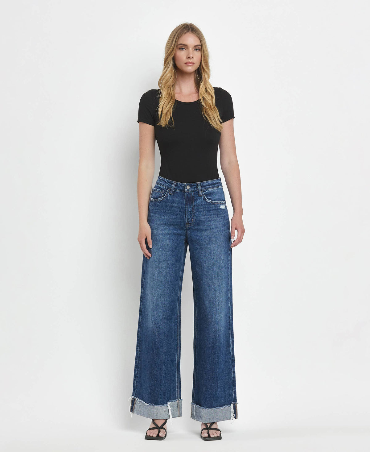 SUPER HIGH RISE CUFFED BAGGY WIDE JEANS- By Flying Monkey