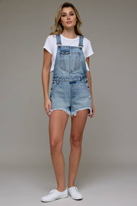 The Sonya Medium Wash Frayed Hem Overall shorts