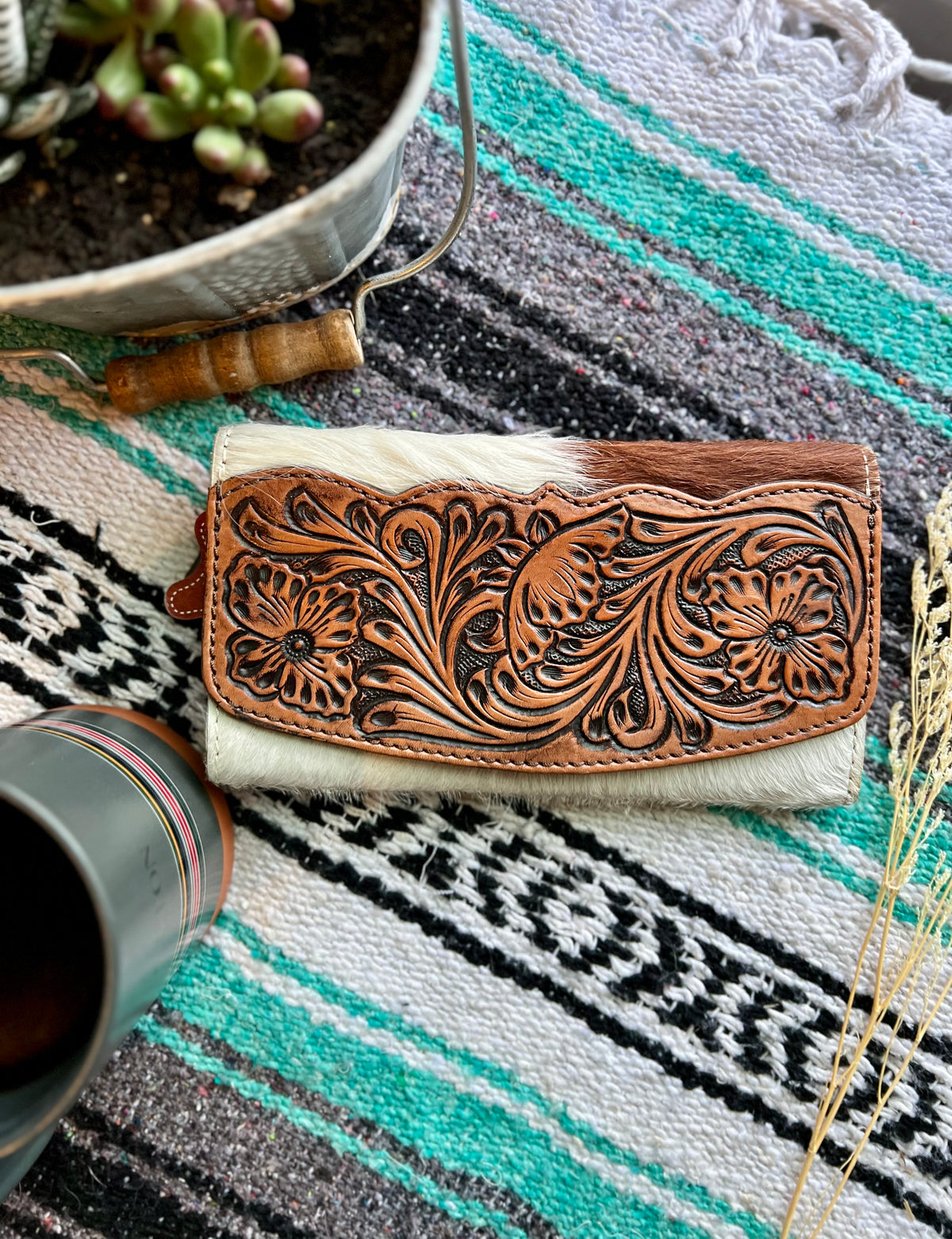 Tooled Leather and Cowhide Wallet