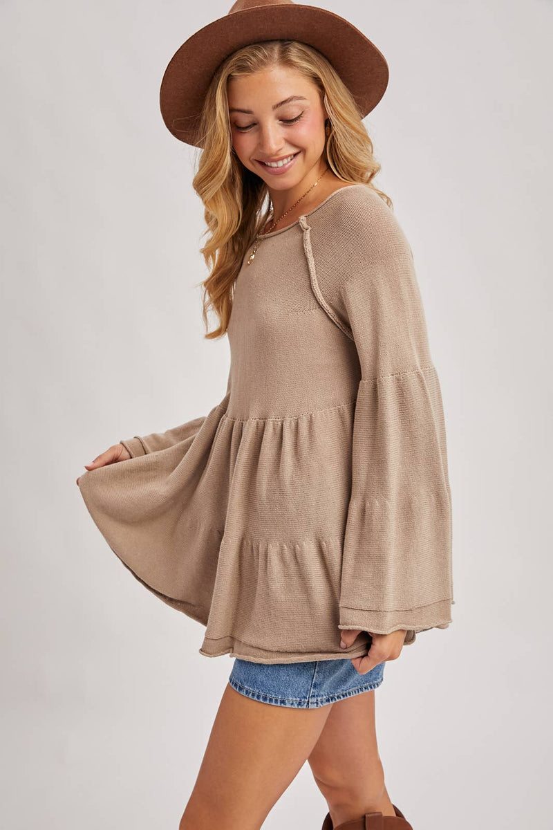 Sweater Stitched Baby Doll Bell Sleeves Top