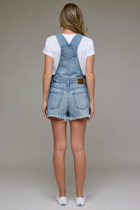 The Sonya Medium Wash Frayed Hem Overall shorts
