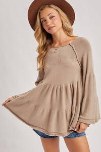 Sweater Stitched Baby Doll Bell Sleeves Top