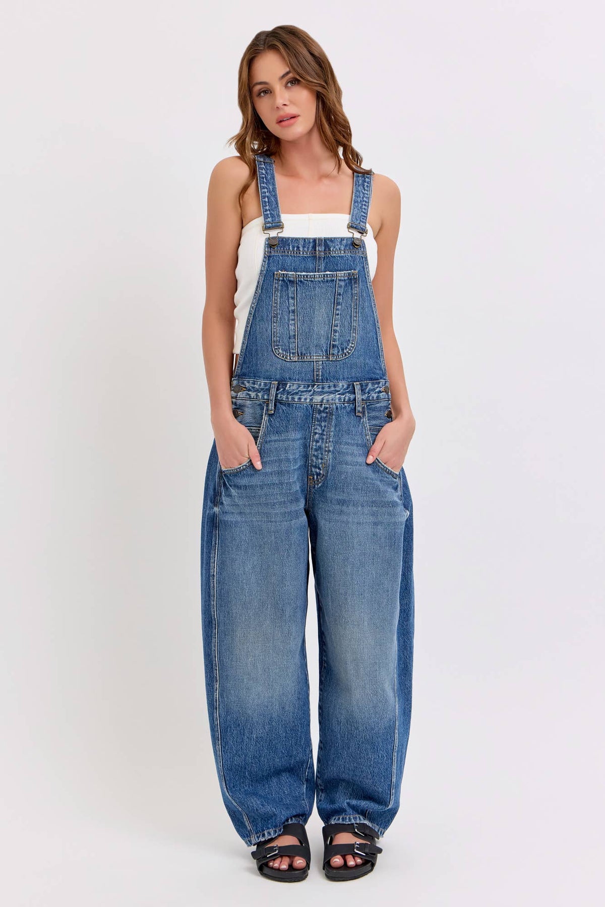 The Medium Wash Barrel Overalls