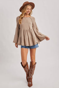 Sweater Stitched Baby Doll Bell Sleeves Top