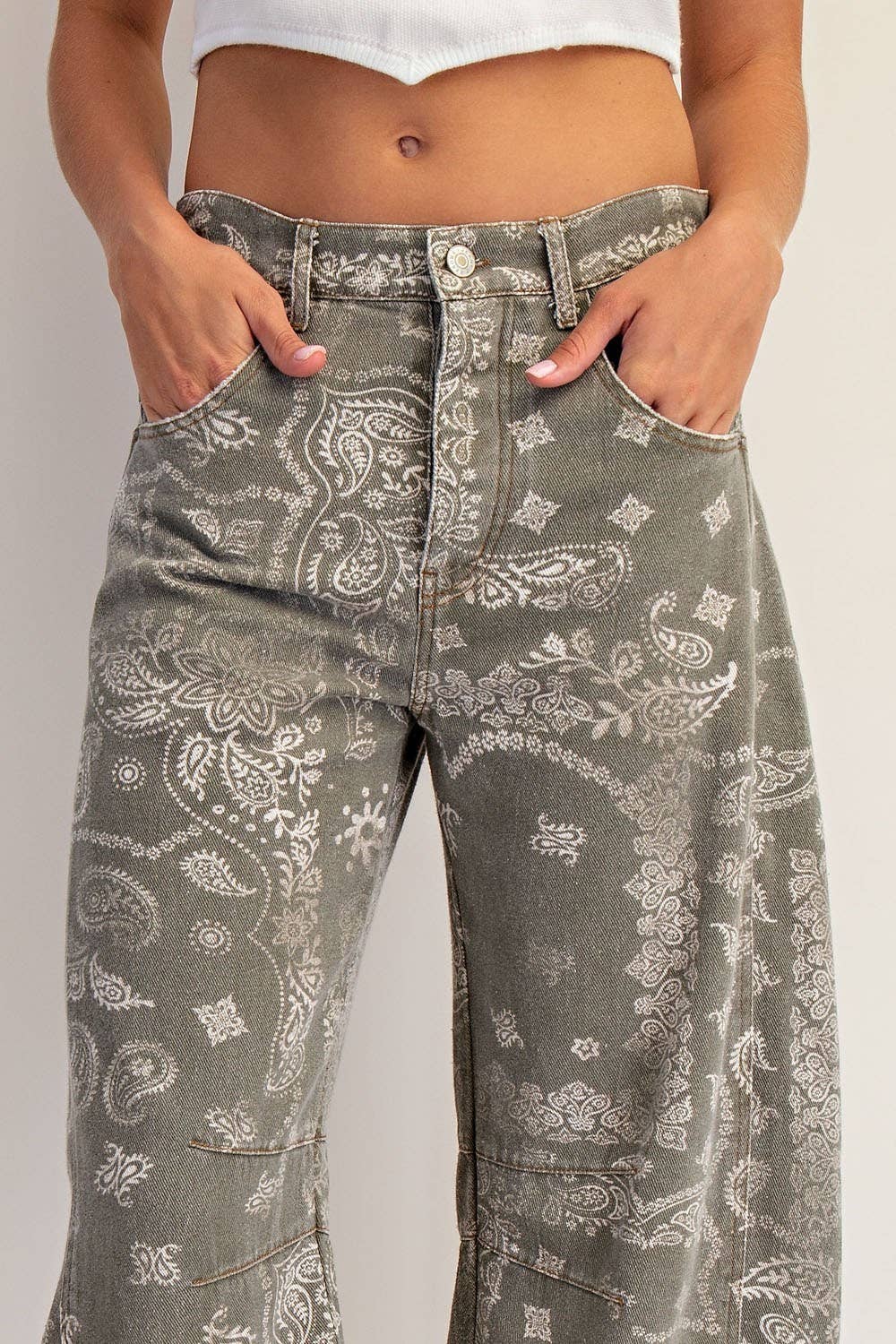 Mineral Washed Paisley Barrel Jeans