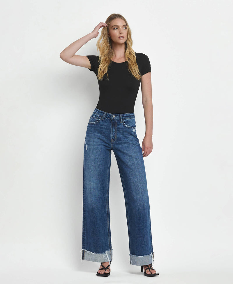 SUPER HIGH RISE CUFFED BAGGY WIDE JEANS- By Flying Monkey