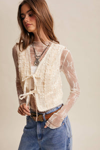 Embroidered Lace Tie-Front Vest