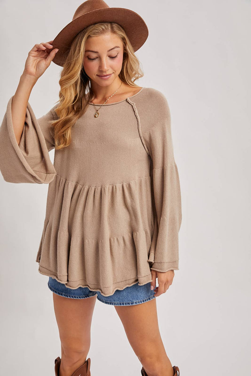Sweater Stitched Baby Doll Bell Sleeves Top