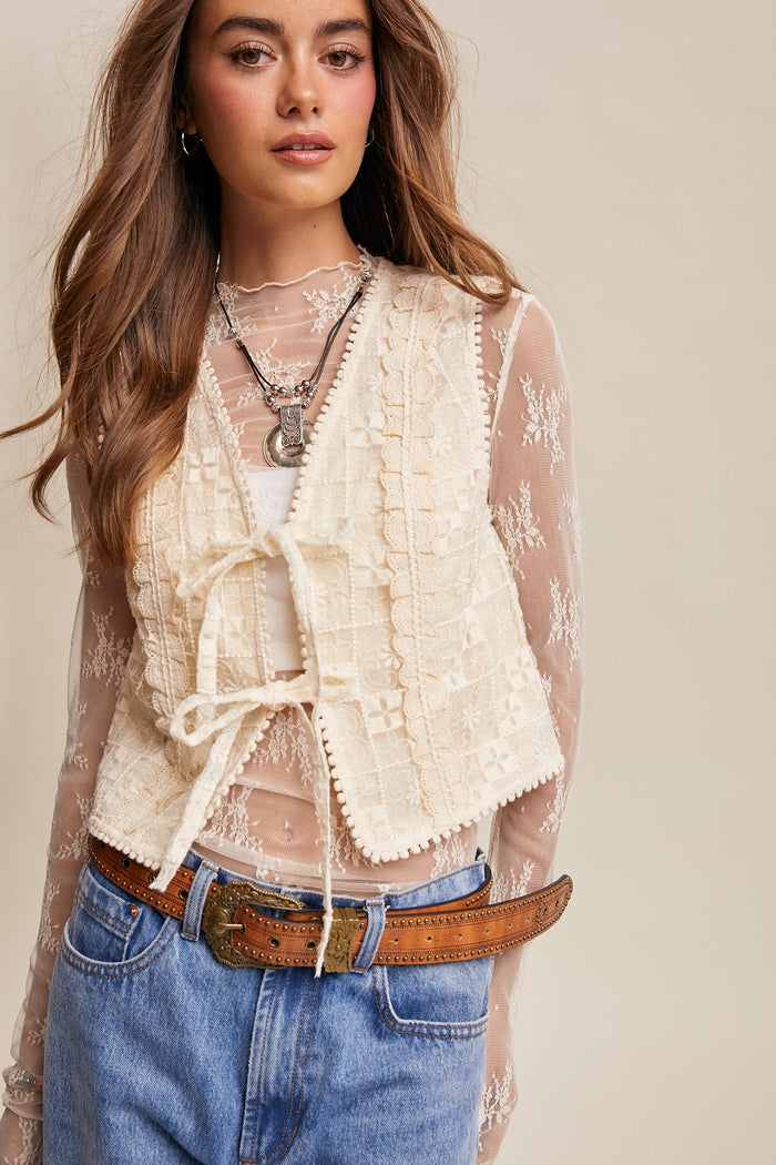 Embroidered Lace Tie-Front Vest