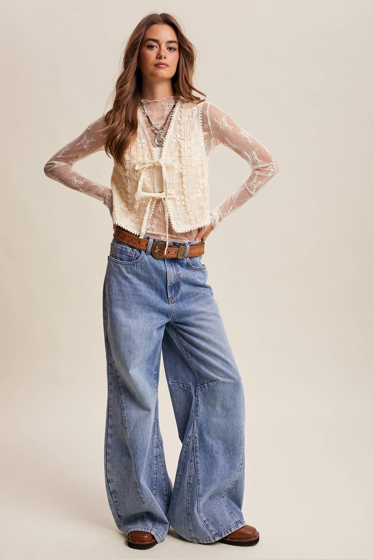 Embroidered Lace Tie-Front Vest