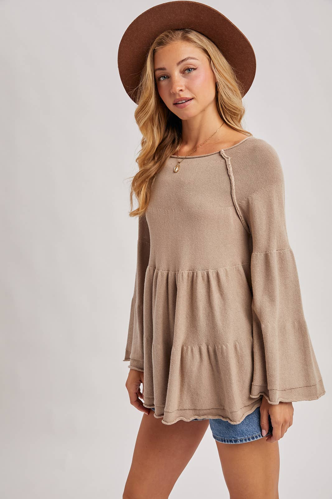 Sweater Stitched Baby Doll Bell Sleeves Top