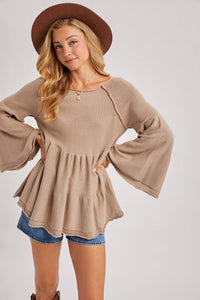 Sweater Stitched Baby Doll Bell Sleeves Top
