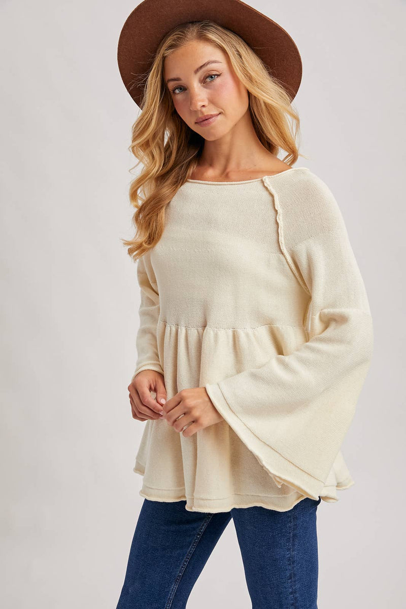 Sweater Stitched Baby Doll Bell Sleeves Top