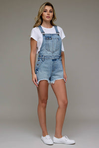 The Sonya Medium Wash Frayed Hem Overall shorts