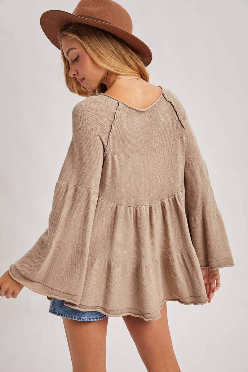 Sweater Stitched Baby Doll Bell Sleeves Top