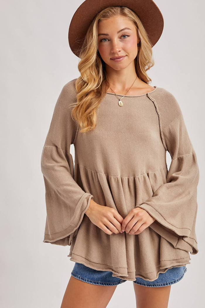 Sweater Stitched Baby Doll Bell Sleeves Top