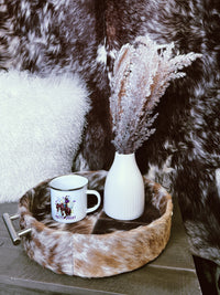 Brown and White Cowhide Round Table Tray